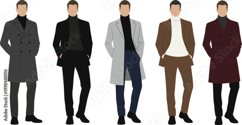 Set of faceless man silhouettes wearing elegant winter coats turtlenecks and formal autumn attire for professional male fashion design