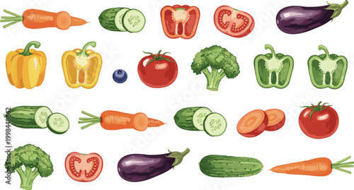 Vector vegetable set with realistic textures featuring sliced tomatoes cucumbers bell peppers carrots and broccoli for fresh food and cooking design