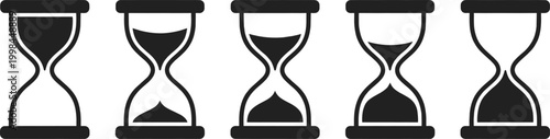 Hourglass loading icons, sand clock timer collection showing time progress, black silhouette symbols isolated on white background, countdown graphic