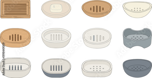 Soap Case Vector Set Featuring Multiple Bathroom Dish Designs Including Wooden Plastic And Ceramic Holders For Personal Hygiene Home Decor And Sanitary Graphic Designs
