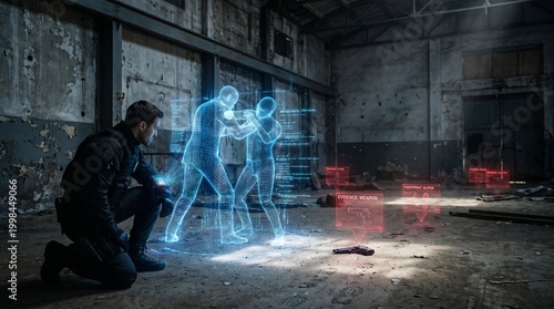 Man observing advanced virtual reality combat training simulation