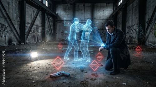 Detective investigating a crime scene with holographic reconstruction