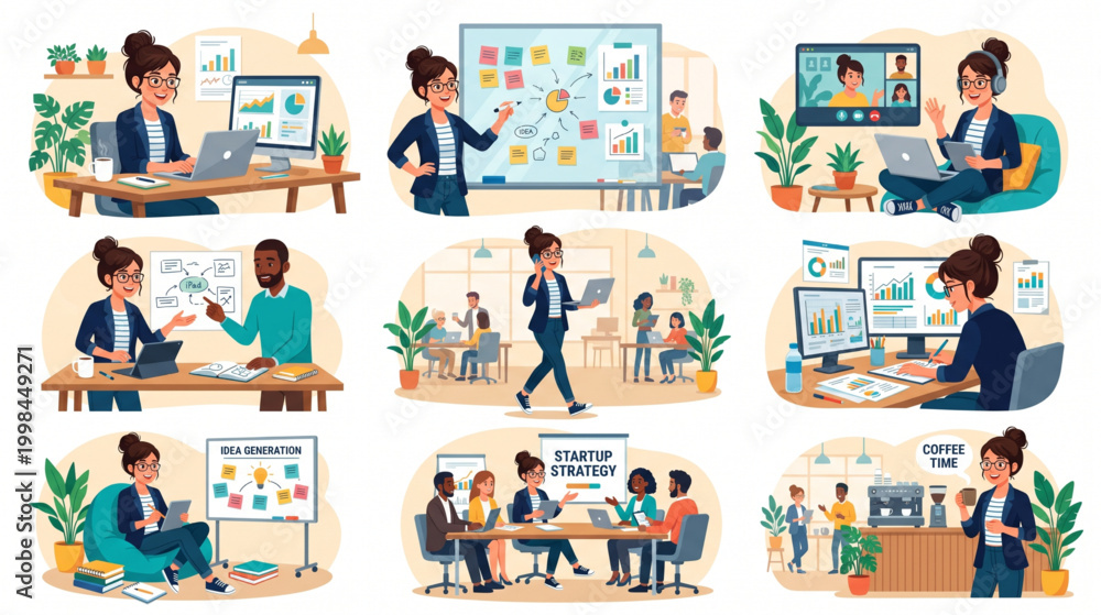 Fototapeta premium Business Woman Character Vector – Working Female Casual Office Start-Up Animation Set