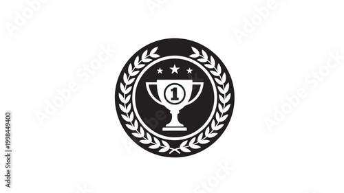 Trophy badge icon with star accents and laurel wreath design for premium award ranking and competition branding featuring winner, prize, first place