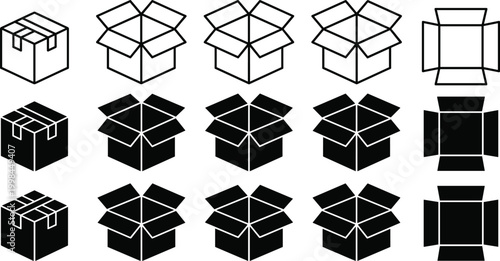 Cardboard box icon collection, closed and open shipping package symbols, delivery storage container outline and solid silhouette graphic elements
