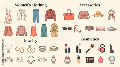  Fashion Vector Icons – Women’s Accessories, Clothes, Jewelry & Cosmetics Collection