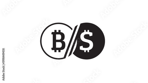Bitcoin and dollar sign logo with two coin icons separated by a slash for digital currency payments and exchange featuring BTC, cryptocurrency,