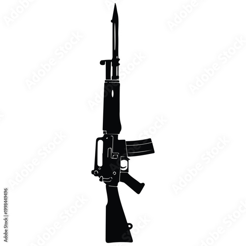 Tactical assault rifle with bayonet blade vector silhouette illustration line art icon.