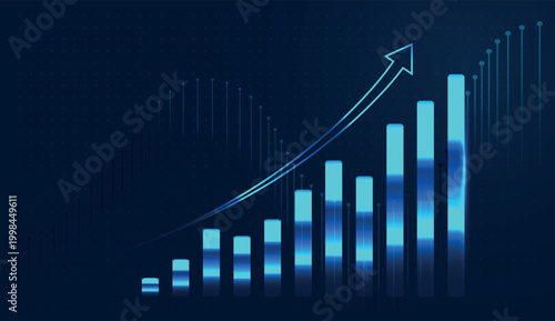 A vibrant digital bar chart scales upward, paired with a soaring arrow to signify business growth. and Modern business analytics are represented by glowing digital columns
