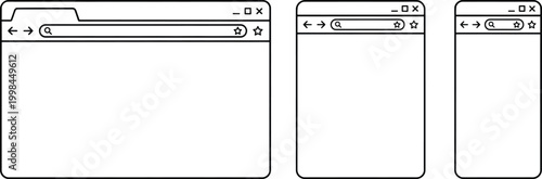 Browser, window, outline, desktop, tablet, mobile, responsive, web, interface, design, layout, mockup, screen, frame, application, internet, site, template, illustration