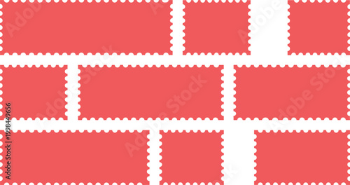 Blank red postage stamp frames, collection of various rectangular mail stickers, jagged edge perforated postal borders, creative mailing labels, decorative postage stamps, isolated philatelic element