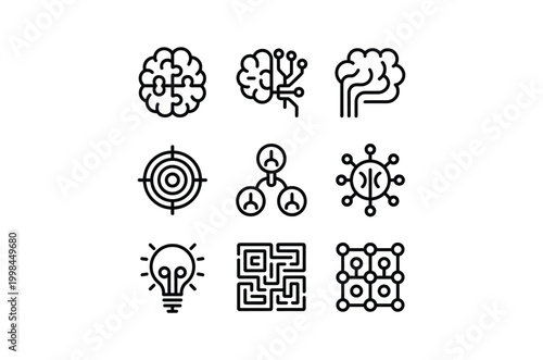 AI Brain Neural Network Line Icon Set Technology Vector