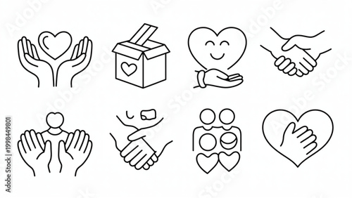 Altruism and Kindness Line Icon Set Charity, Help, Empathy and Human Care Symbols