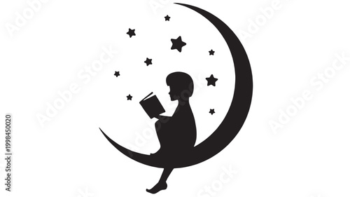 Woman silhouette reading book with crescent moon and star sparkles in premium night background concept featuring stars, bedtime story, fantasy with