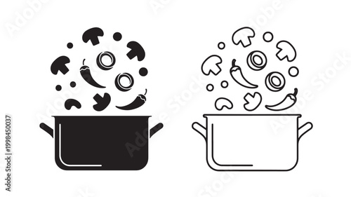 Illustration of premium cooking pot icons with splash of chili peppers, sauces, and aromatic herbs in monochrome style featuring vector, line art,
