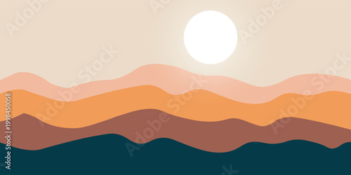 Desert landscape illustration with sand dunes on sunny day. Scenic desert with majestic landscape and towering dunes. Panoramic desert silhouette vector illustration