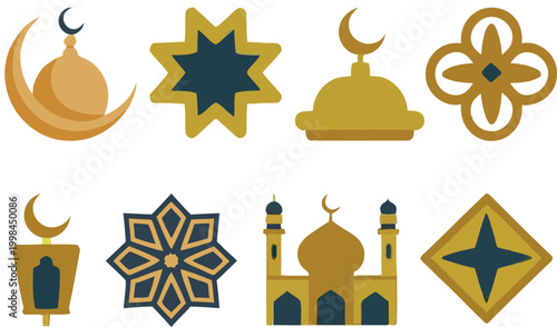 Islamic, gold, crescent moon and star icons, Ramadan, mosque symbols, 8 vector graphics