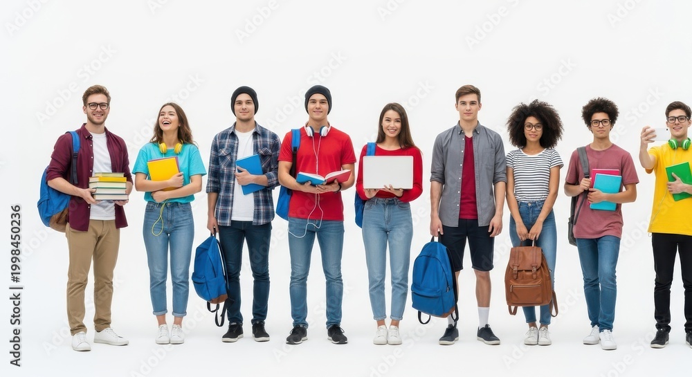 Fototapeta premium Diverse group of young college students stands in a row holding various academic supplies.