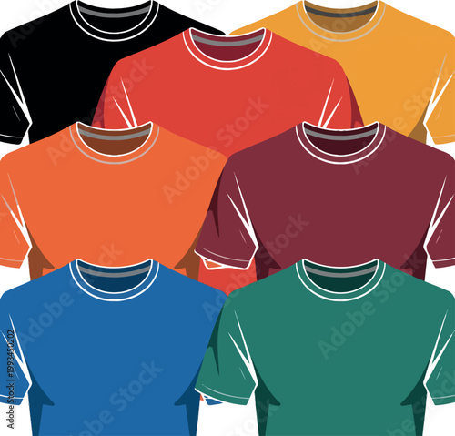Colorful T-shirts, Vector T-Shirt Templates, Short Sleeve Apparel, Fashion Design Elements