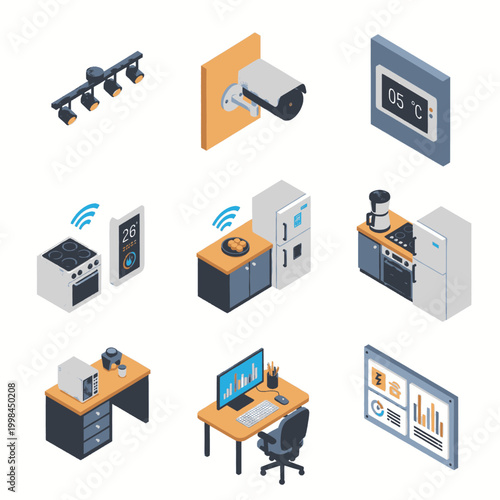 Isometric illustration of smart home technology devices and concepts, including security cameras, smart appliances, and digital interfaces.