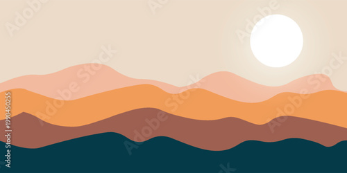 Desert landscape illustration with sand dunes on sunny day. Scenic desert with majestic landscape and towering dunes. Panoramic desert silhouette vector illustration
