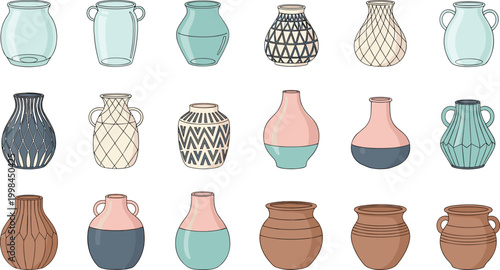 Selection of Decorative Ceramic Vases and Pottery Featuring Various Shapes Textures and Colors Including Minimalist Glass and Patterned Clay Designs for Interior Decor