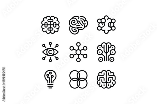 AI Brain Neural Network Line Icon Set Technology Vector