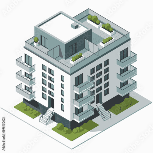Isometric illustration of a modern apartment building with balconies and rooftop greenery.