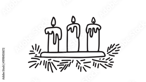 Candle set line art with three burning candles and bold flame sparks, minimalist premium illustration for birthday and celebration