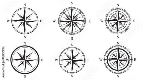 Compass rose icons set with black line art, cardinal directions labels, and vintage navigation circles featuring direction, north south east west,