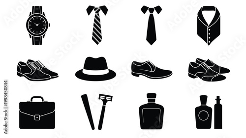 Collection of elegant men's accessories and grooming essentials featuring classic watches ties formal shoes hats briefcases razors and fragrance bottles presented in a clean