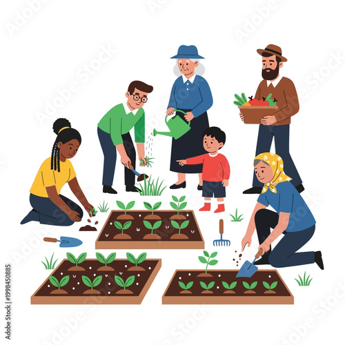 Diverse community gardening together, planting vegetables and nurturing plants in a garden.