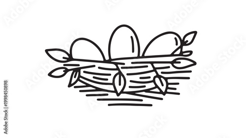 Doodle house plant illustration with thick black outline and simple leaf shapes over horizontal stripe background featuring minimal design,