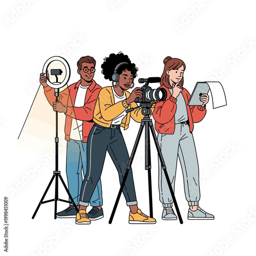 Diverse film crew operating camera and lighting for video production, modern illustration