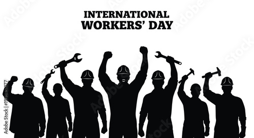 International workers day celebration with silhouettes of laborers holding tools and raising fists in solidarity