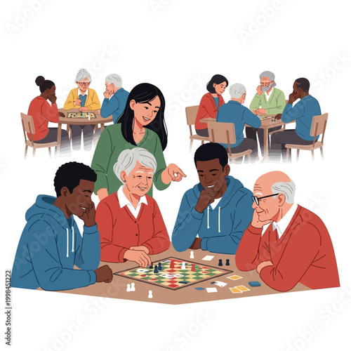 Diverse seniors and young adults playing board games, fostering intergenerational connection and fun.