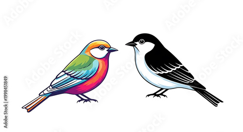 Two colorful birds perched side by side, one with bright blue and red feathers, the other black and white