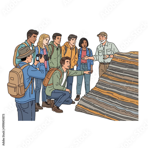 Geology students learn about rock layers from professor on field trip