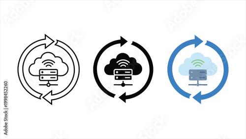 Backups restore recovery icon set with database cloud and circular arrow symbols in outline solid and colorful design styles isolated on white background
