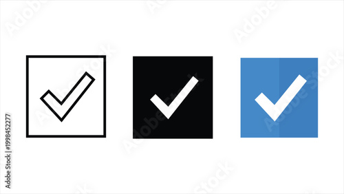 Checkbox tick select icon set in outline, solid black, and colorful design styles isolated on white background