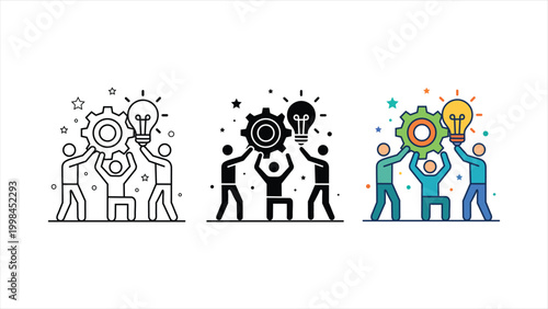 Collaborate teamwork and partnership icon set with three people symbols in outline solid black and colorful design styles isolated on white background