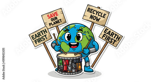 Cartoon globe character holding eco-friendly signs and drum
