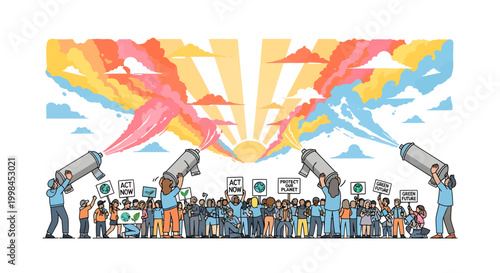 people protesting with colorful banners and megaphones