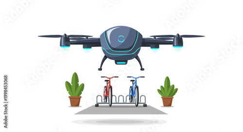 Drone delivering bicycles on rack with plants