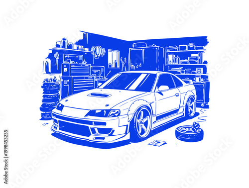Custom sports car in a professional garage. Widebody kit vehicle ink drawing. Automotive workshop background. JDM style car illustration.