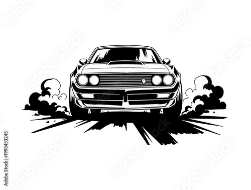 Muscle car classic vintage illustration. Retro automotive street racing graphic. Front view sports car with smoke. Vector style motor art.