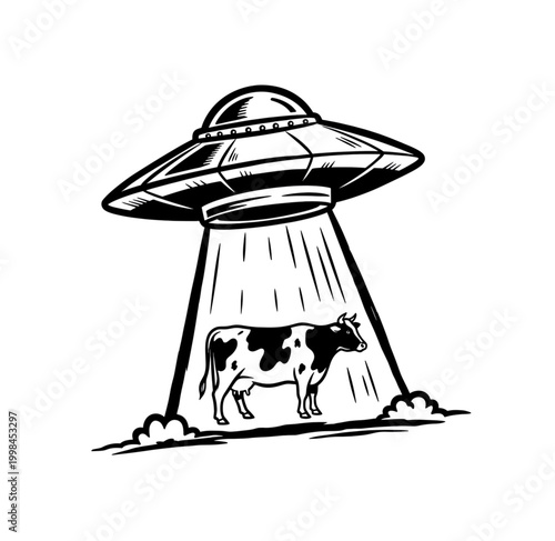Alien UFO abducting cow illustration. Retro sci-fi flying saucer vector. Funny paranormal tractor beam graphic. Extraterrestrial spaceship art.