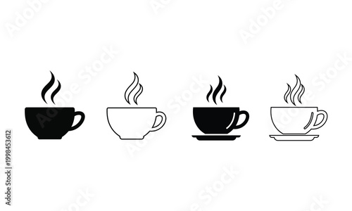 Four coffee cups silhouette set varying styles and steam levels