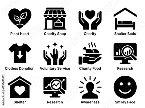 Charity and Volunteer Icon Set - Philanthropy, Donation, and Community Support Glyph Symbols