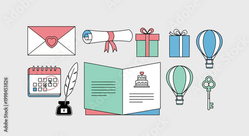 Collection of line art icons for special events and celebrations